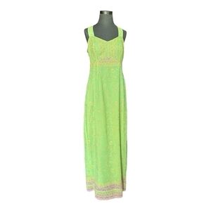 Custom Silk Floral Halter Maxi Dress Light Green Pink Sleeveless Gown Size M